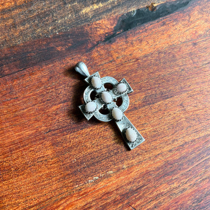 19th c. Silver Cross + Pink Shells Pendant