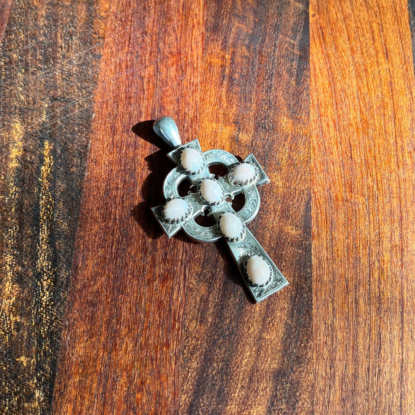 19th c. Silver Cross + Pink Shells Pendant