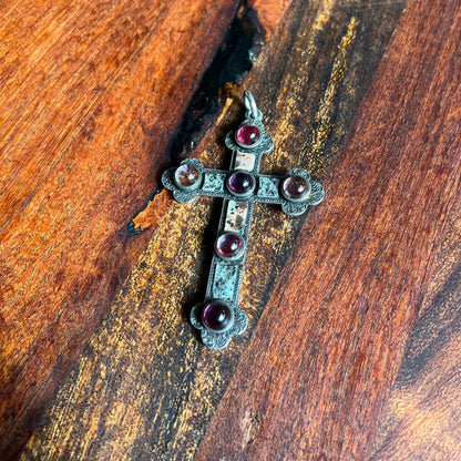 19th c. Sterling Silver Scottish Granite + Gemstone Cross Pendant