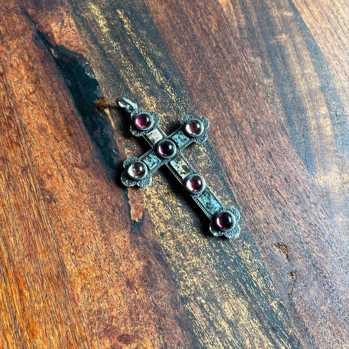 19th c. Sterling Silver Scottish Granite + Gemstone Cross Pendant
