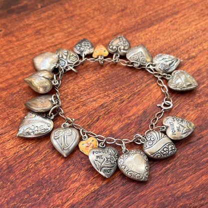 Sterling Silver Charm Bracelet with Edwardian + Victorian Puffy Hearts