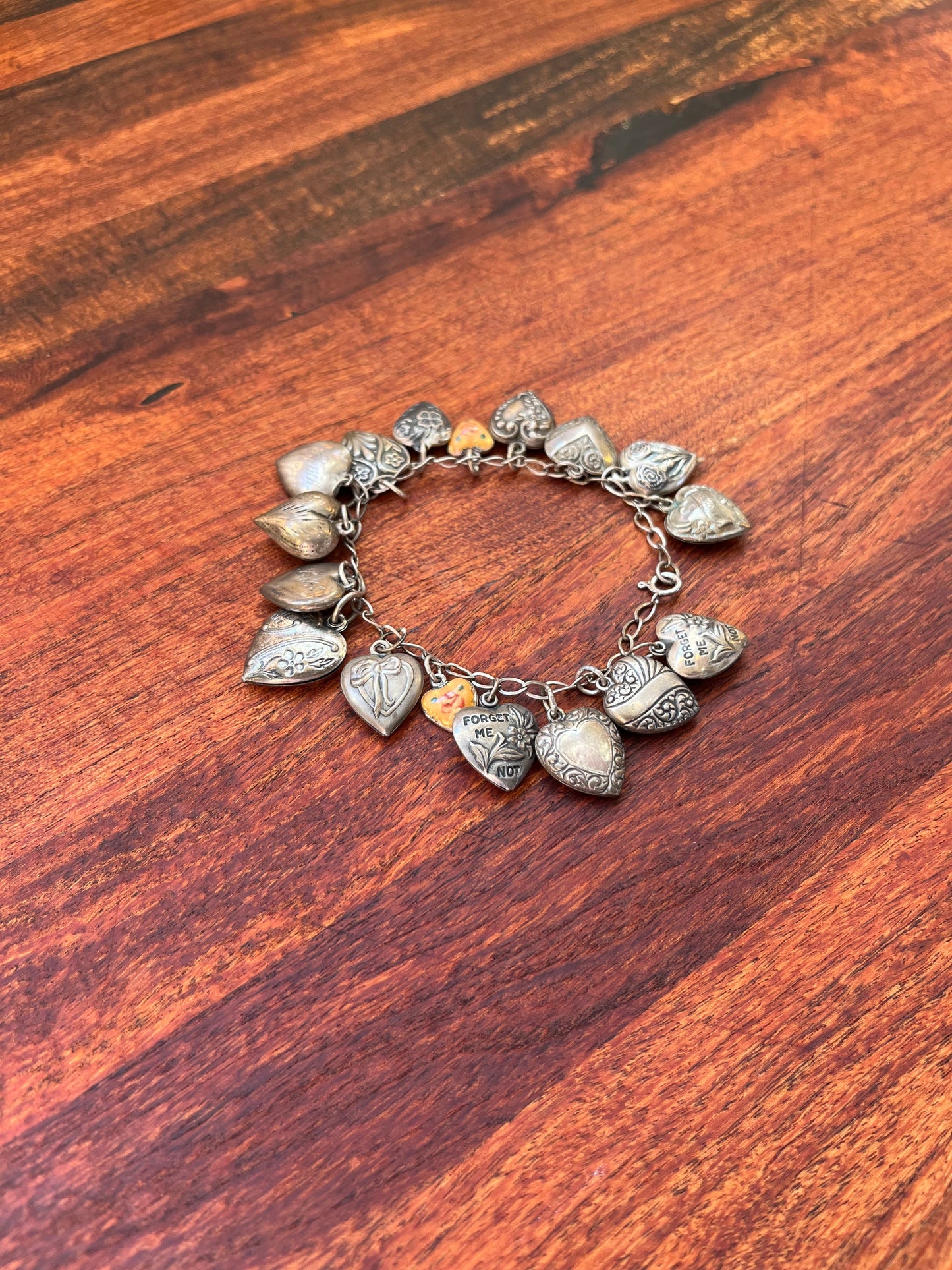 Sterling Silver Charm Bracelet with Edwardian + Victorian Puffy Hearts