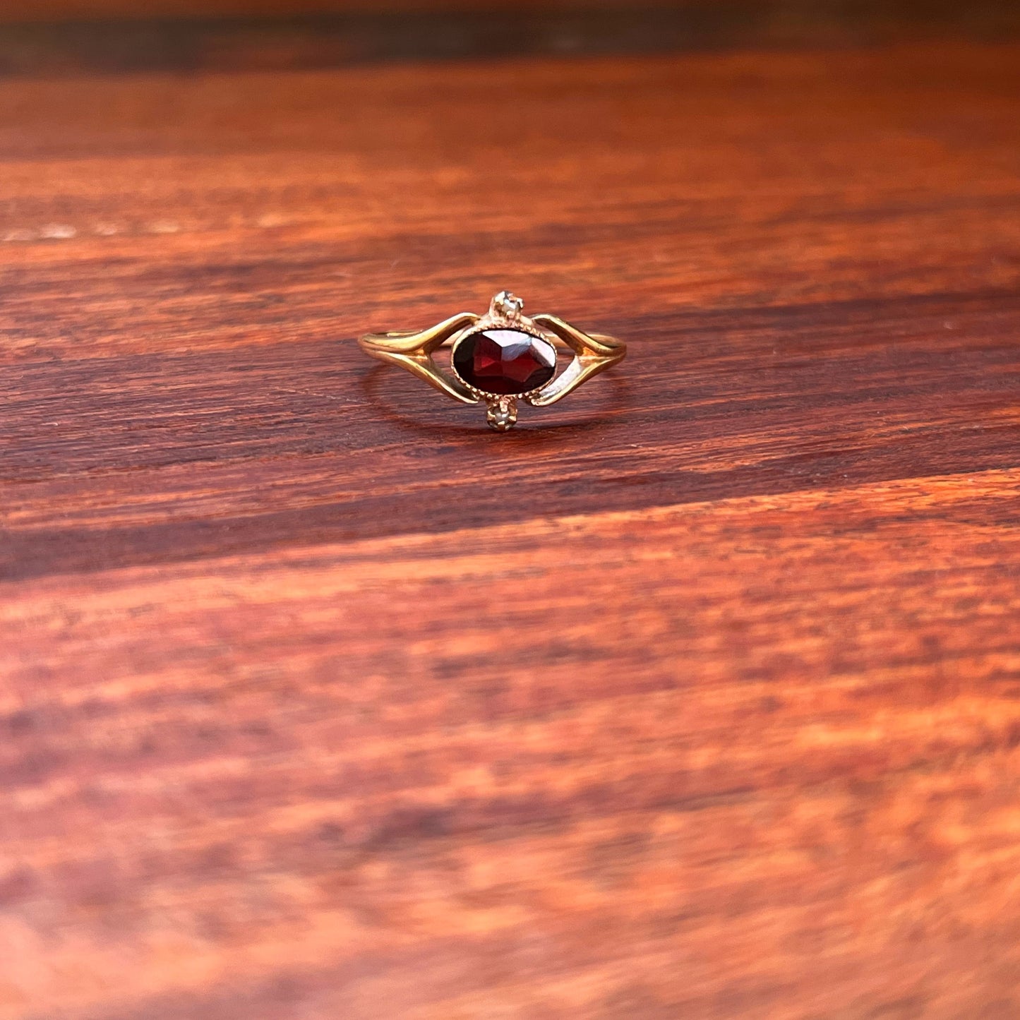 19th c. 10k Gold Garnet + Sed Pearl Ring