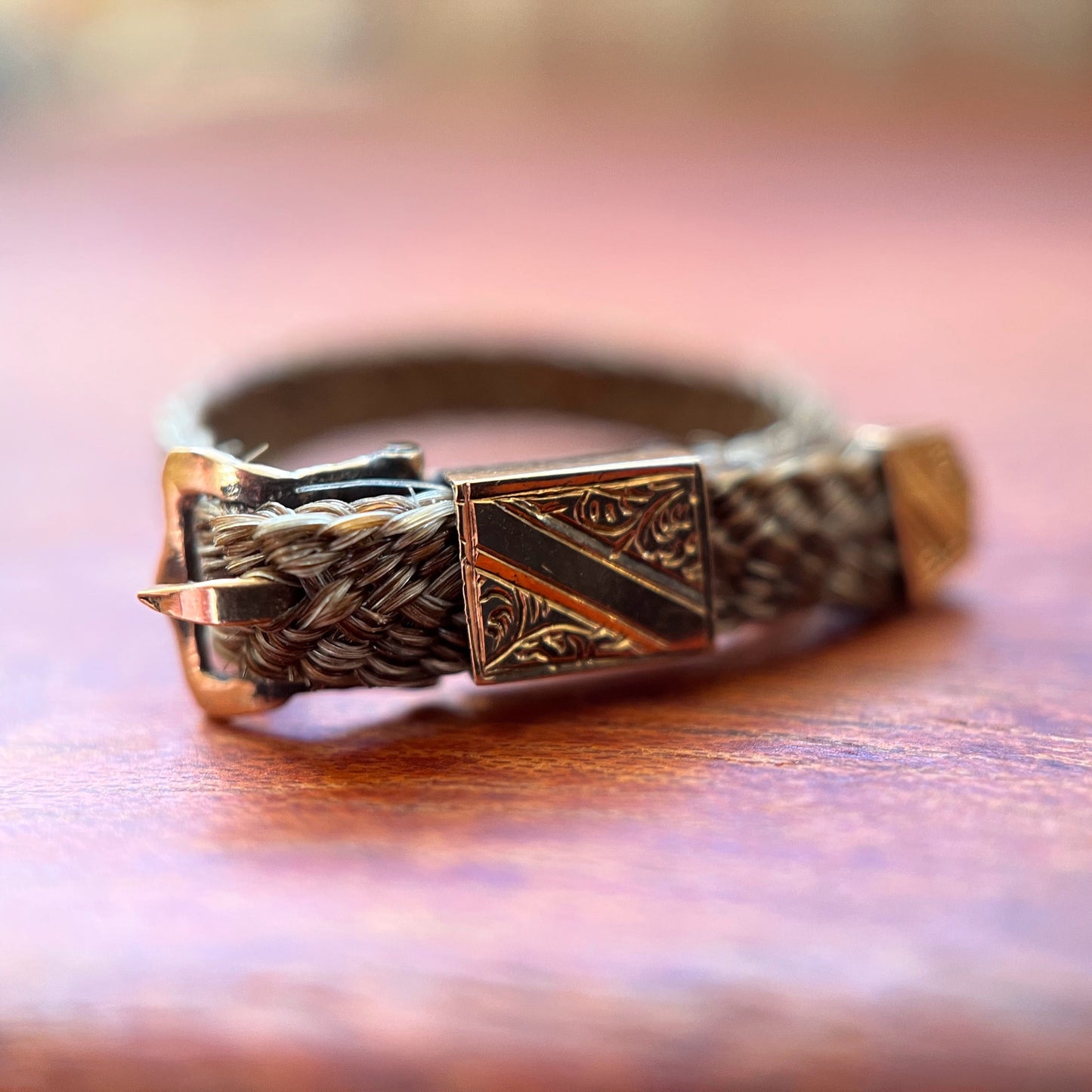 c. 1860s-1880s Woven Hair + 14k Buckle Ring