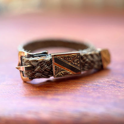 c. 1860s-1880s Woven Hair + 14k Buckle Ring
