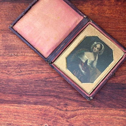 c. 1840s Oil Painting Portrait in Leather Case