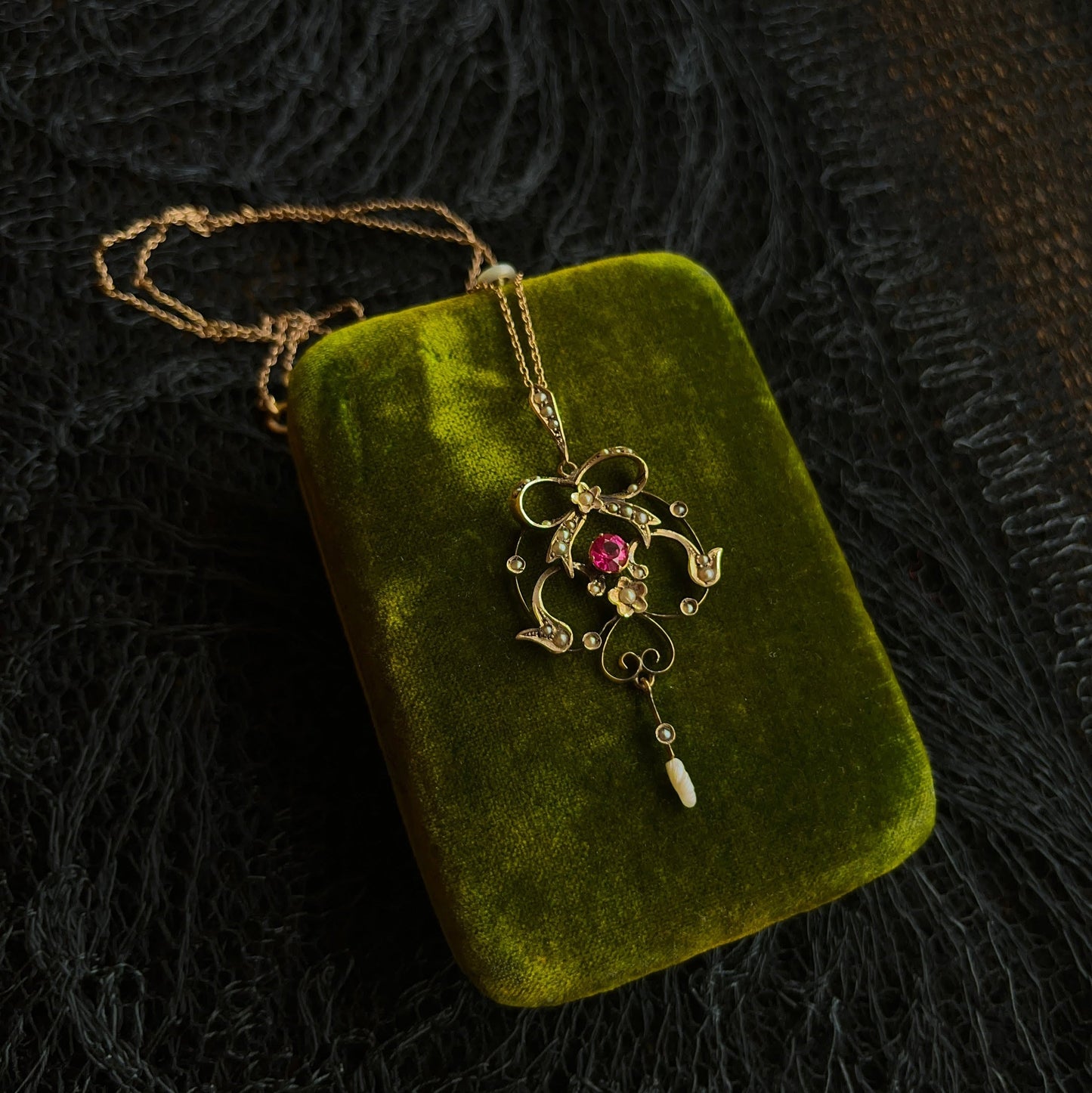 c. 1900s-1910s 9k Gold Ruby Pearl Necklace