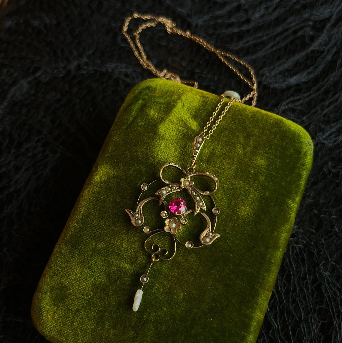 c. 1900s-1910s 9k Gold Ruby Pearl Necklace