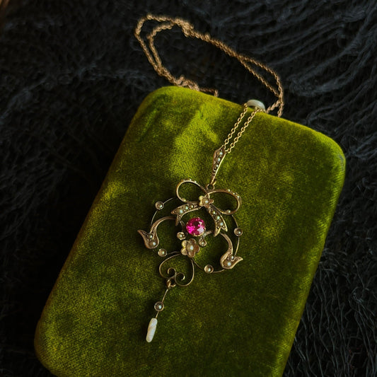c. 1900s-1910s 9k Gold Ruby Pearl Necklace