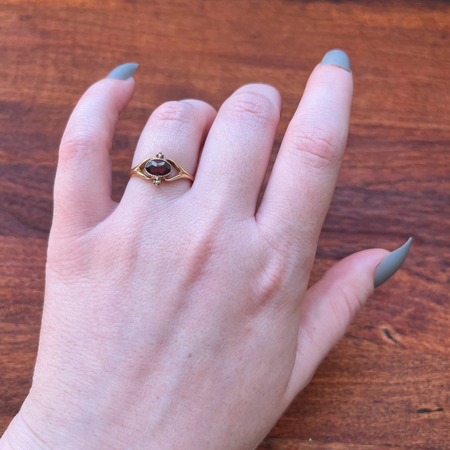 19th c. 10k Gold Garnet + Sed Pearl Ring