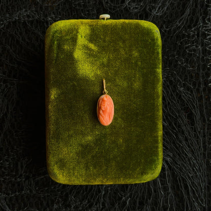 c. 1910s 14k Gold Carved Coral Goddess Diana Cameo Pendant