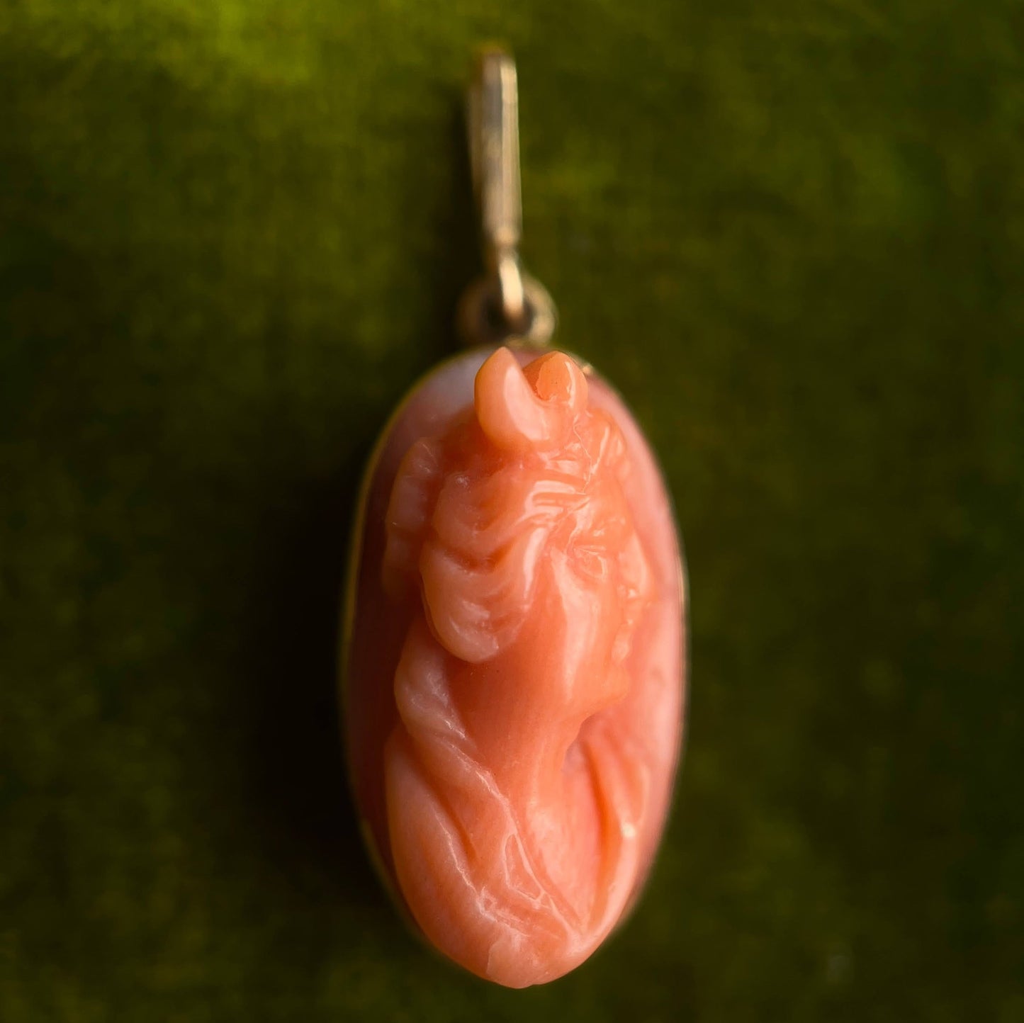 c. 1910s 14k Gold Carved Coral Goddess Diana Cameo Pendant