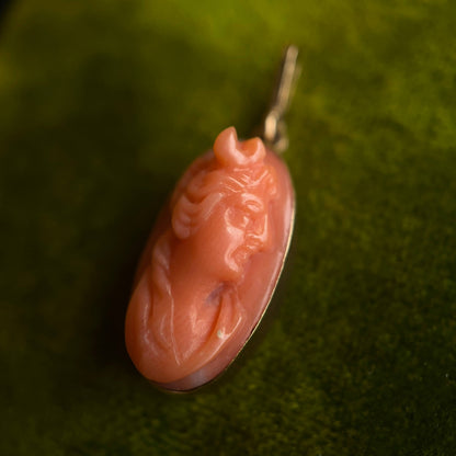 c. 1910s 14k Gold Carved Coral Goddess Diana Cameo Pendant