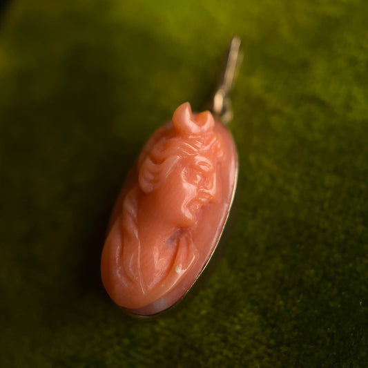 c. 1910s 14k Gold Carved Coral Goddess Diana Cameo Pendant