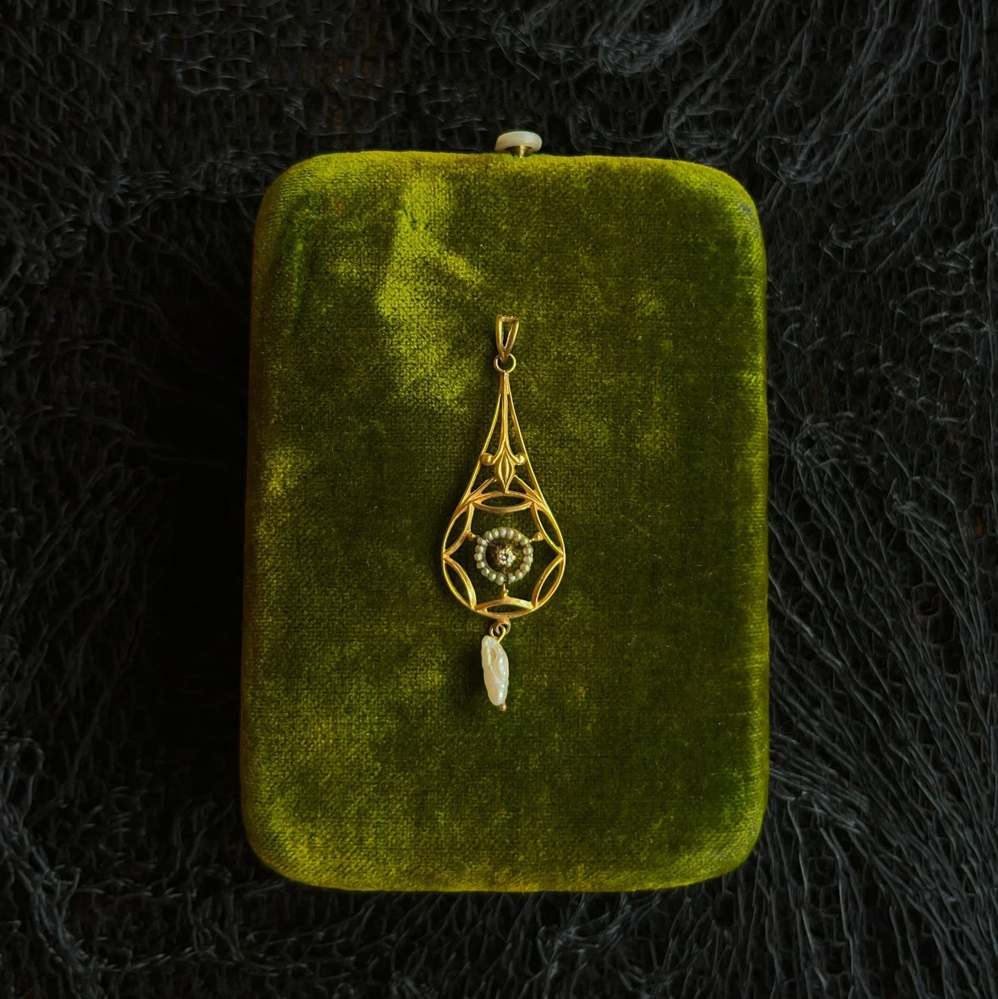 c. 1910s 10k Gold Diamond Pearl Lavalier Pendant
