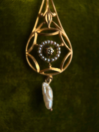 c. 1910s 10k Gold Diamond Pearl Lavalier Pendant