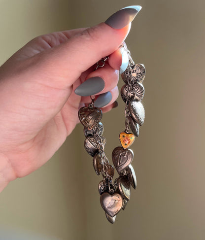 Sterling Silver Charm Bracelet with Edwardian + Victorian Puffy Hearts