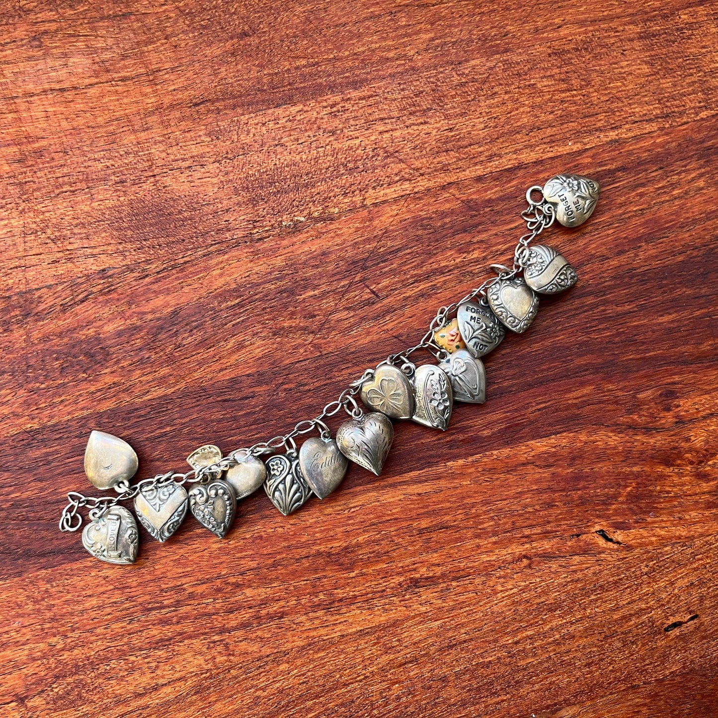 Sterling Silver Charm Bracelet with Edwardian + Victorian Puffy Hearts