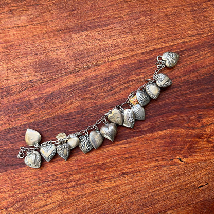 Sterling Silver Charm Bracelet with Edwardian + Victorian Puffy Hearts
