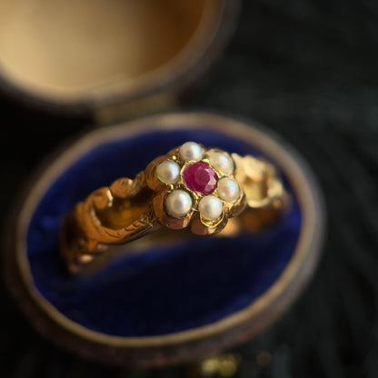 1862 15k Gold Ruby Pearl Ring | Space for Hairwork