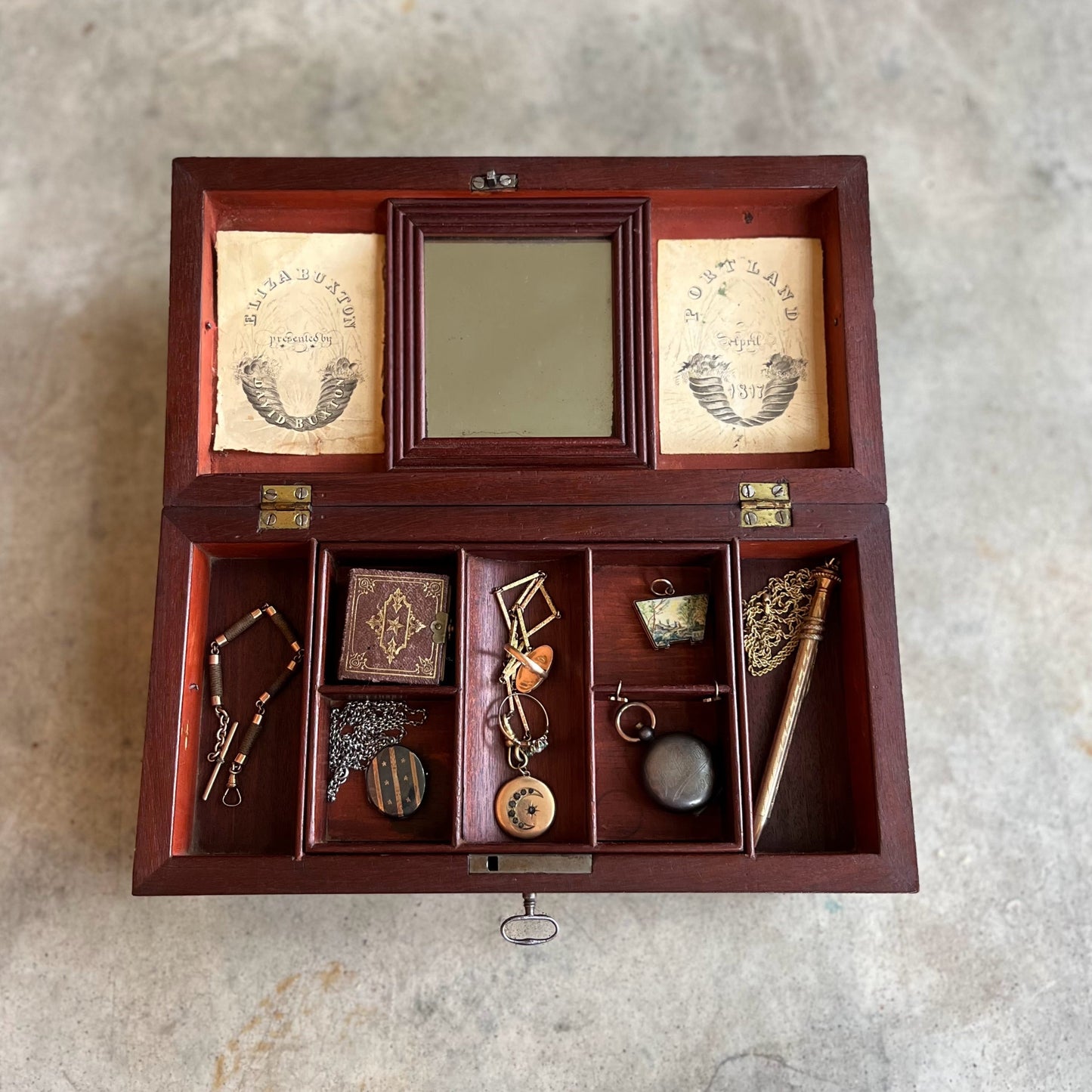 1810s Wooden Jewelry Box with Mirror + Key