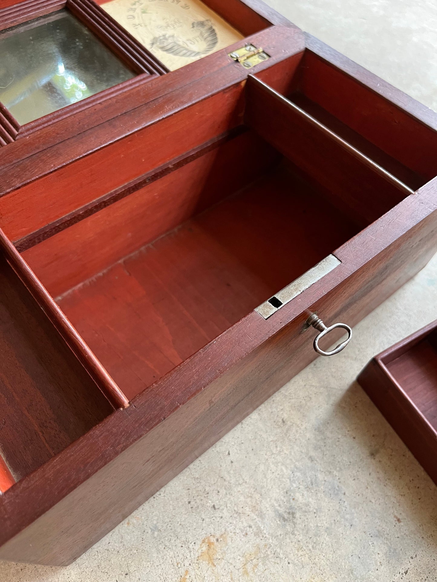 1810s Wooden Jewelry Box with Mirror + Key