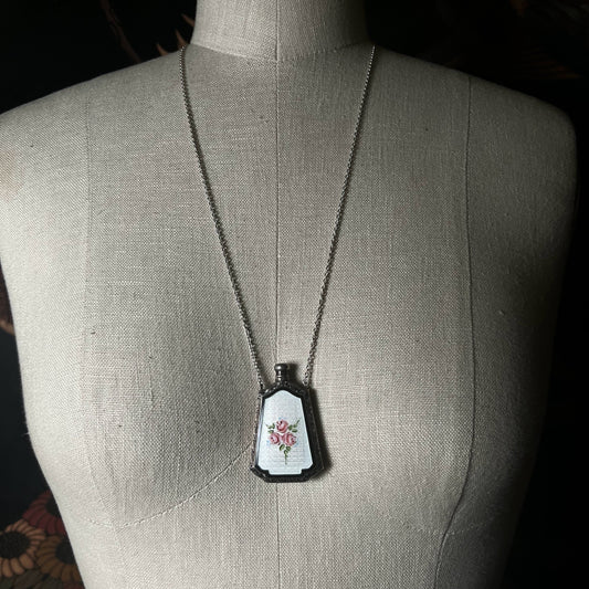 Art Deco Silver Guilloche Enamel Perfume Bottle Necklace