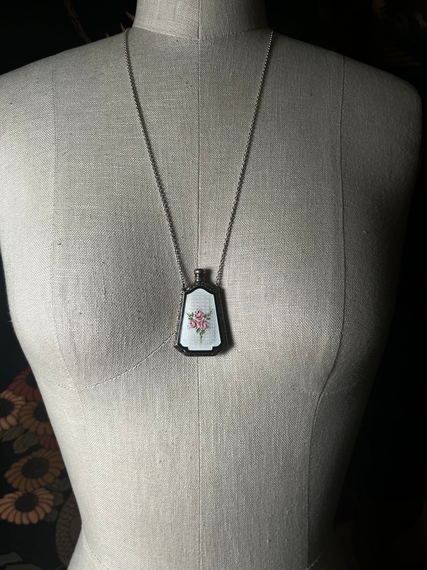 Art Deco Silver Guilloche Enamel Perfume Bottle Necklace