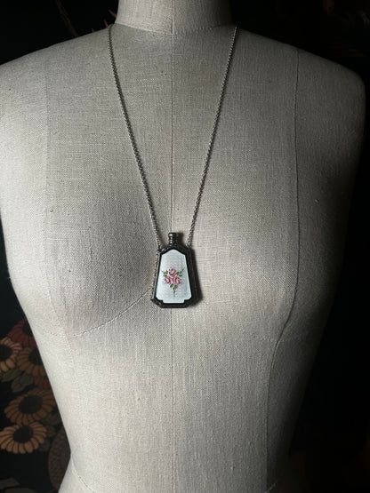 Art Deco Silver Guilloche Enamel Perfume Bottle Necklace