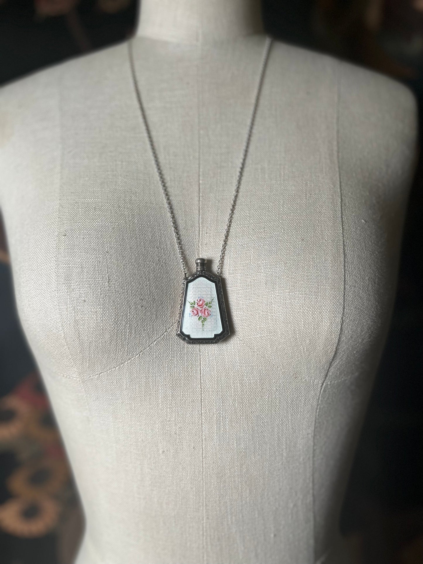Art Deco Silver Guilloche Enamel Perfume Bottle Necklace