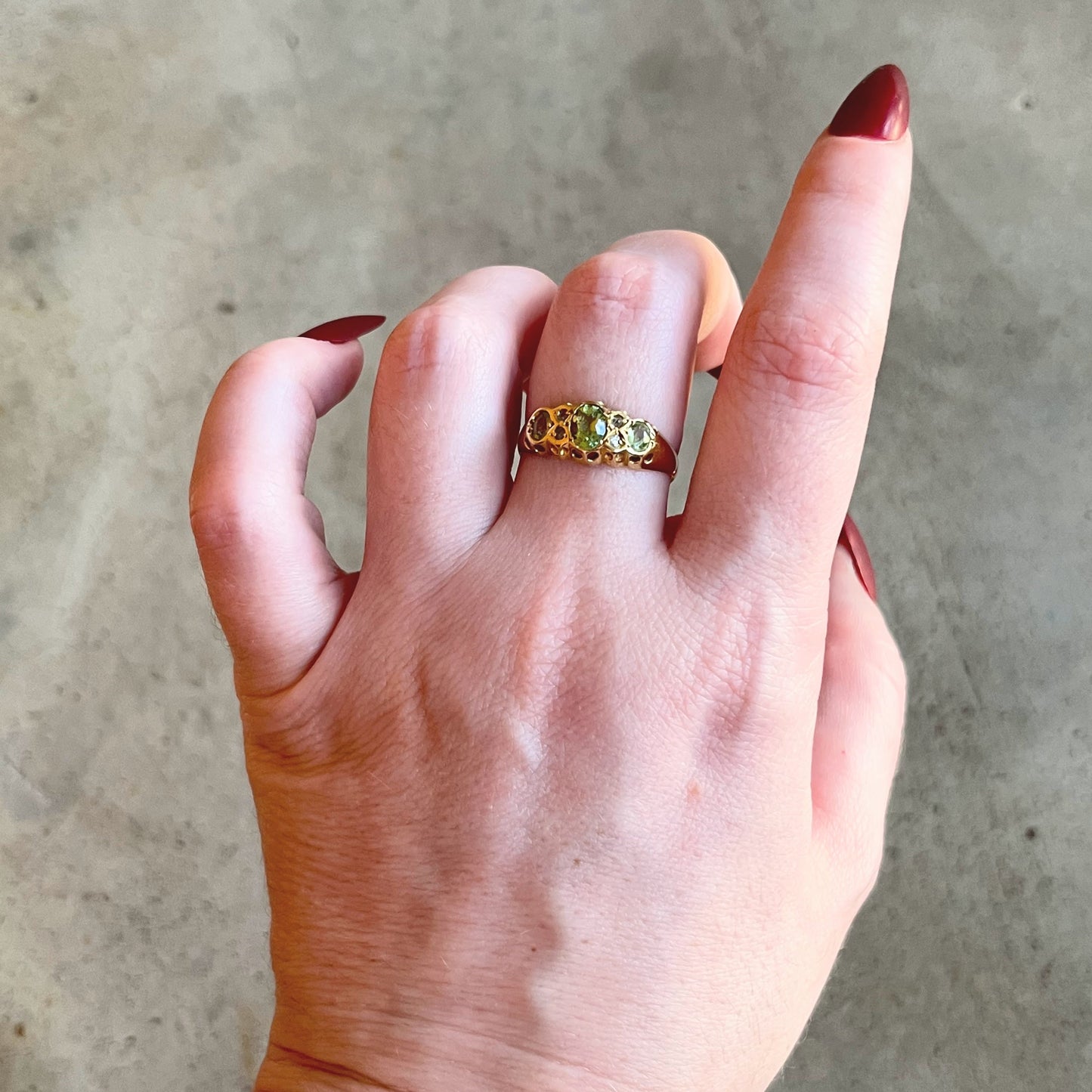 1916 18k Gold Peridot + Diamond Ring