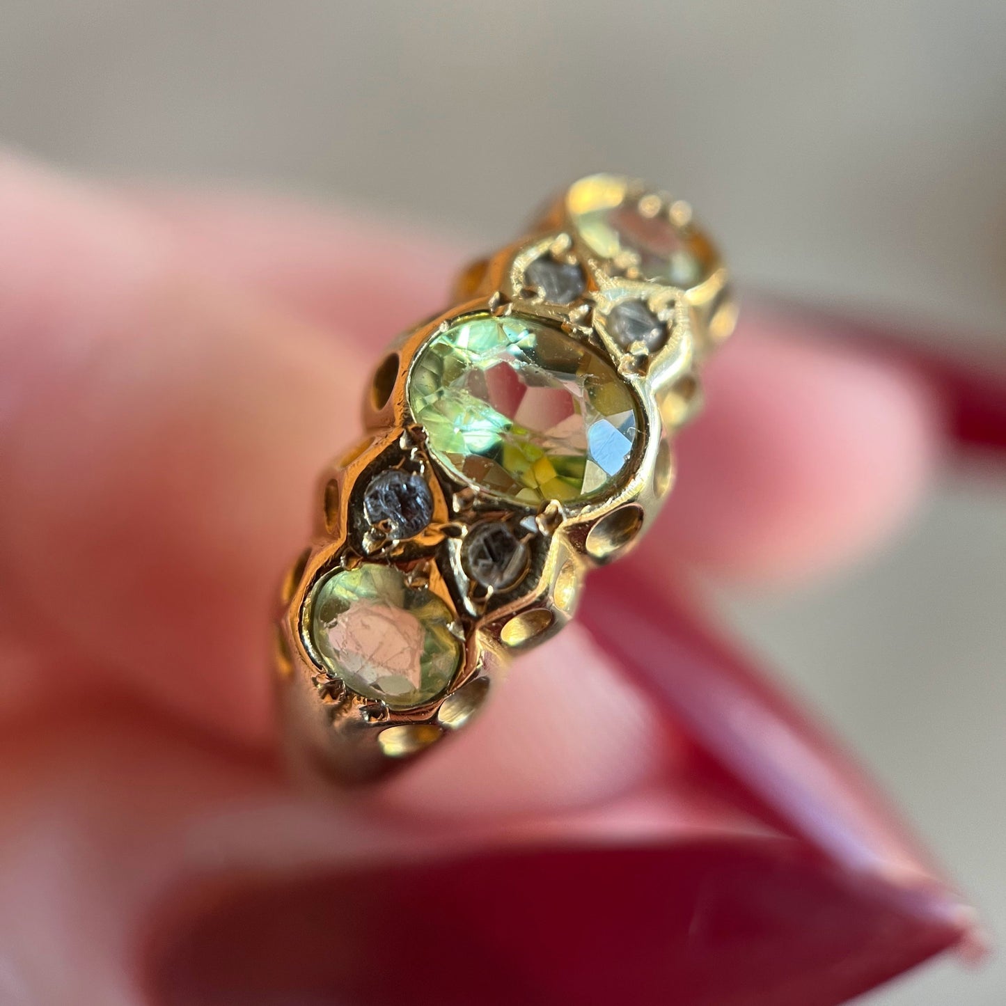 1916 18k Gold Peridot + Diamond Ring