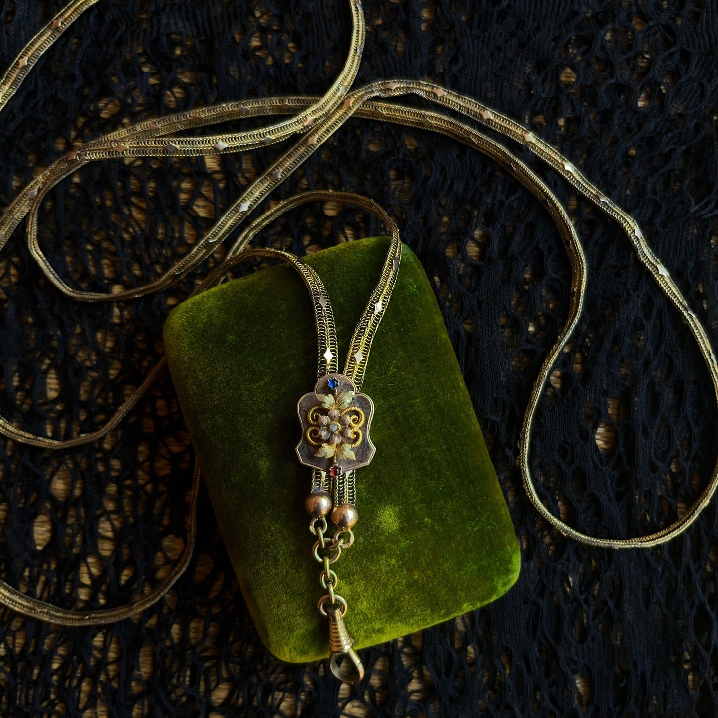 c. 1870s-1880s 14k Gold Unusual Long Guard Chain Necklace