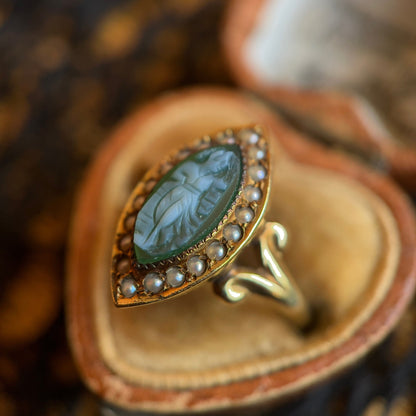 c. 1910s-1920s 14k Gold Green Agate Cameo Ring