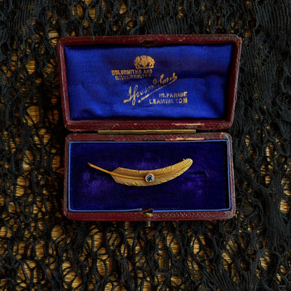 c. 1910s-1920s Wordley Allsopp & Bliss 14K Gold Sapphire Feather Brooch