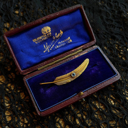 c. 1910s-1920s Wordley Allsopp & Bliss 14K Gold Sapphire Feather Brooch