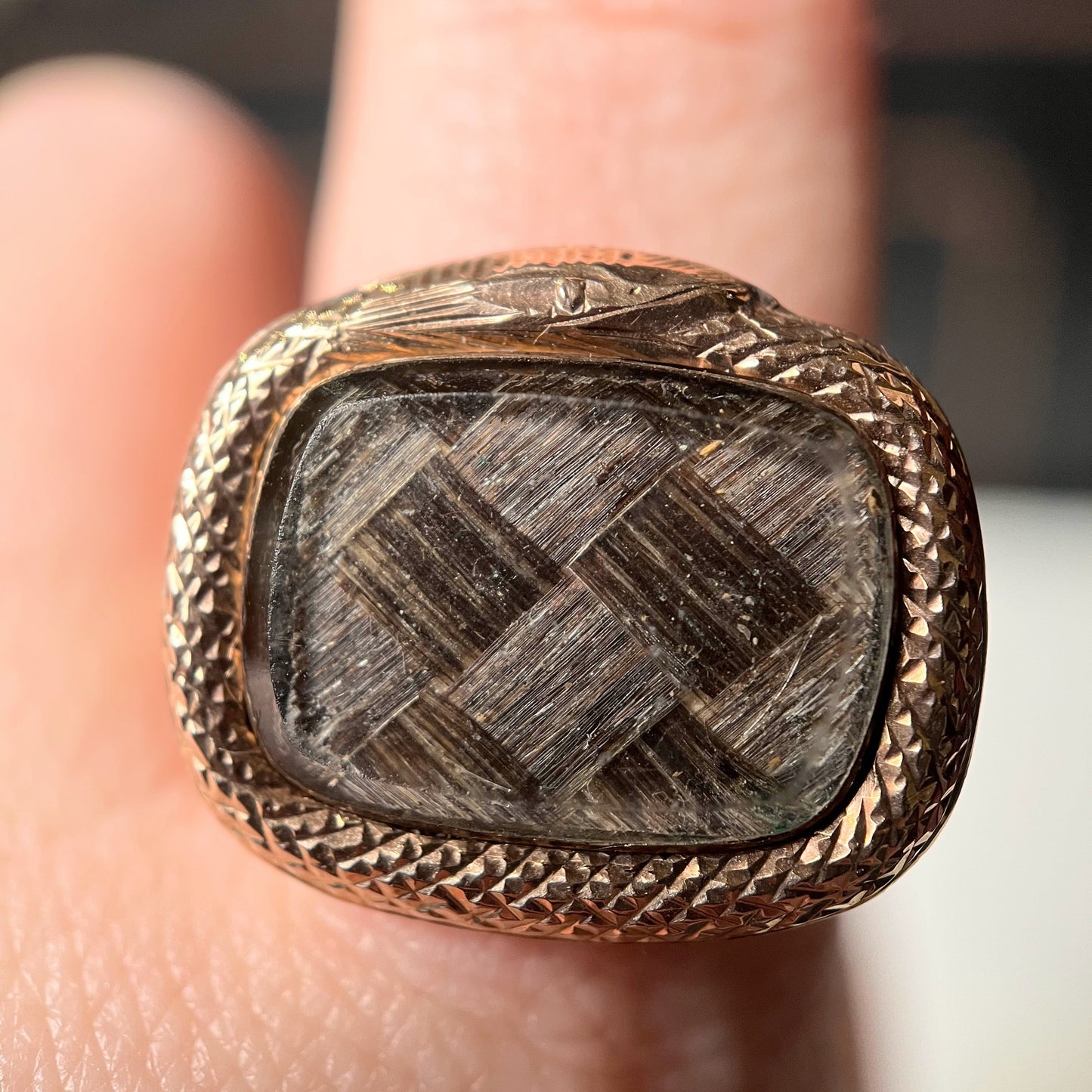 Early 19th c. Ouroboros Snake + Woven Hair Conversion Ring