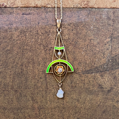 c. 1900s-1910s Plique a Jour Lavaliere Necklace