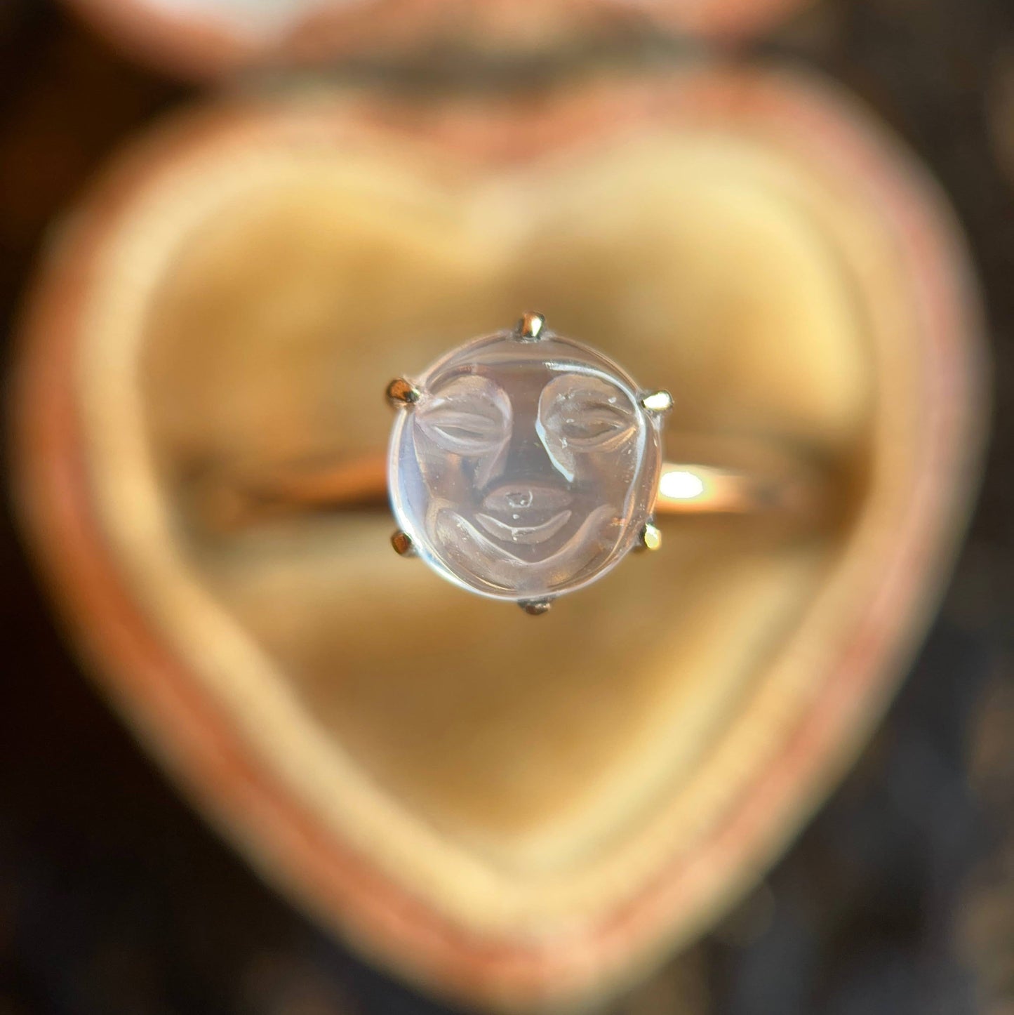 c. 1910s-1920s 9k Gold Moonstone Moon Face Ring