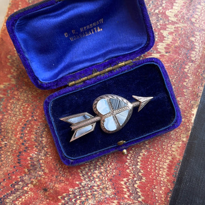 19th c. Scottish Agate Sterling Silver Heart Arrow Brooch