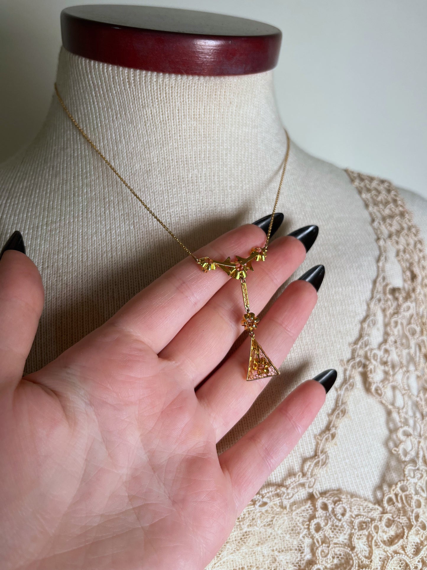 c. 1910s 10k Gold Diamond Lavalier Necklace