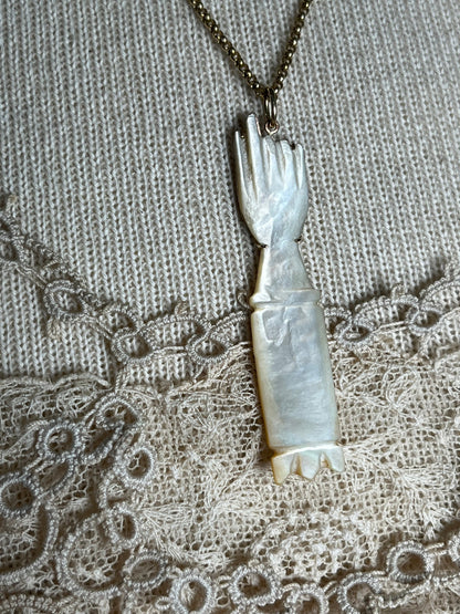 c. 1890s-1900s 14k Gold Mother of Pearl Hand Pendant