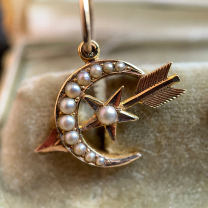 c. 1890s Gold Celestial Moon + Star Earrings
