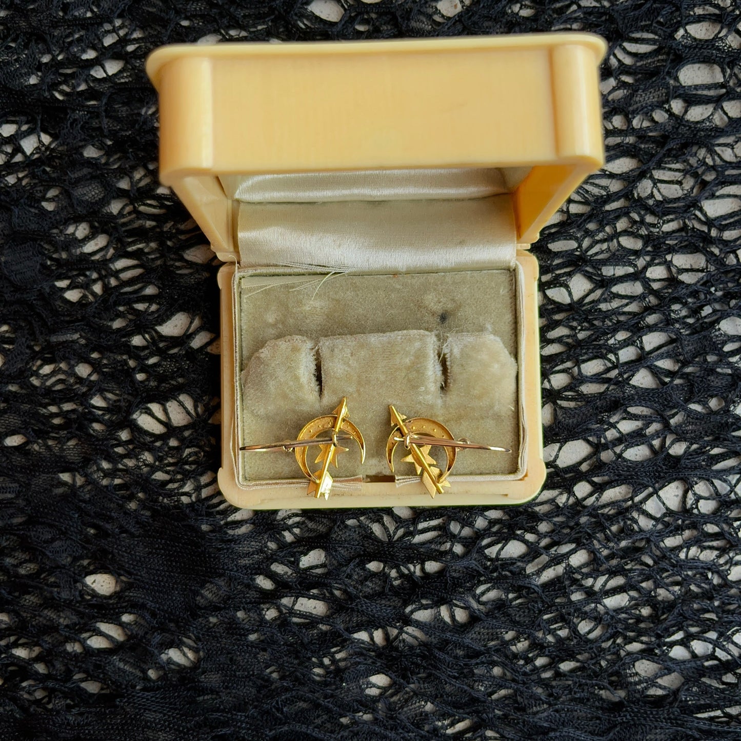 c. 1890s Gold Celestial Moon + Star Earrings