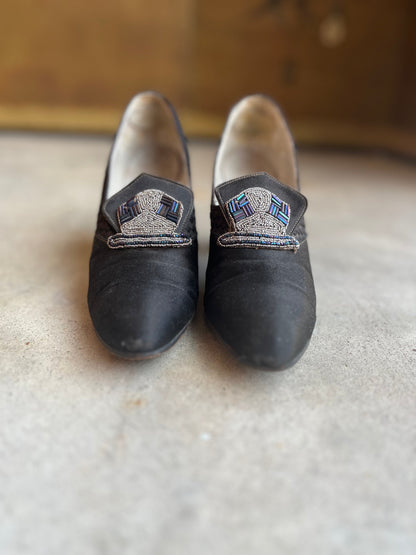 c. 1920s-1930s Black Silk Beaded Pumps | Approx Sz. 5