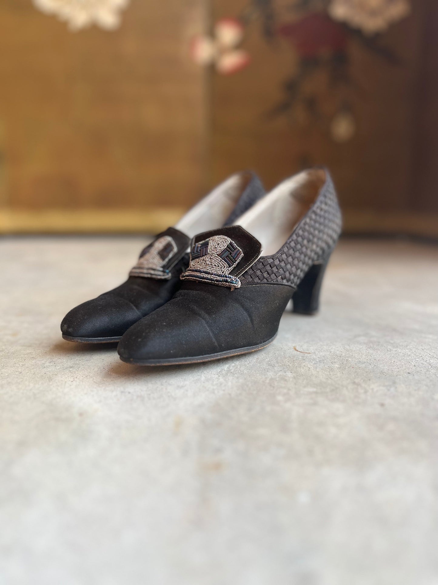 c. 1920s-1930s Black Silk Beaded Pumps | Approx Sz. 5