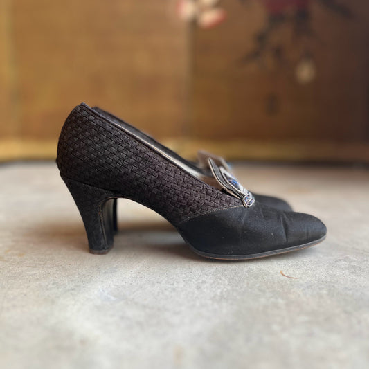c. 1920s-1930s Black Silk Beaded Pumps | Approx Sz. 5