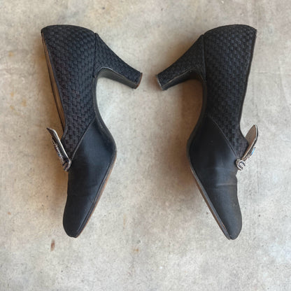 c. 1920s-1930s Black Silk Beaded Pumps | Approx Sz. 5