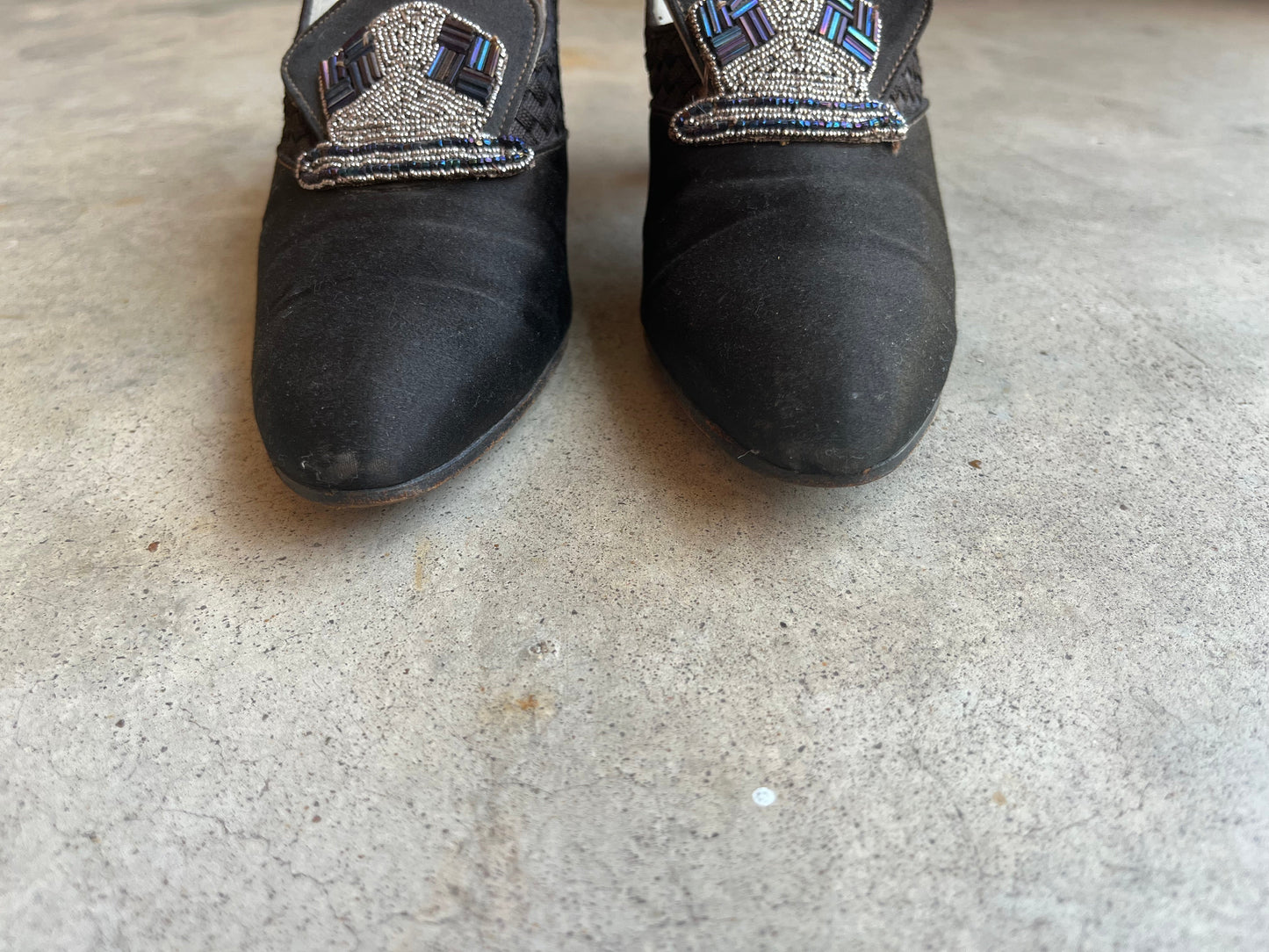 c. 1920s-1930s Black Silk Beaded Pumps | Approx Sz. 5