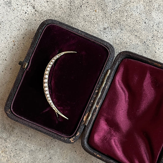 c. 1900s 15k Gold Crescent Moon Brooch in Box